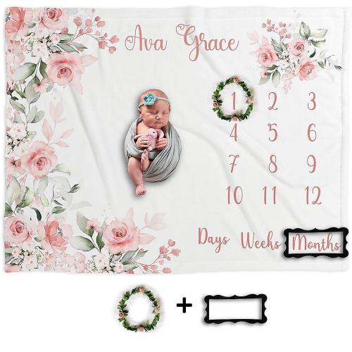 Large Milestone Blanket Personalized Baby Girl Monthly Blanket 0-12 Months New Baby Gift Monthly Growth Blanket Baby Shower Gift PF01
