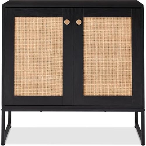 Best Choice Products 2-Door Rattan Storage Cabinet, Accent Furniture, Multifunctional Cupboard for Living Room, Hallway, Kitchen, Sideboard, Buffet Table w/Non-Scratch Foot Pads - Black