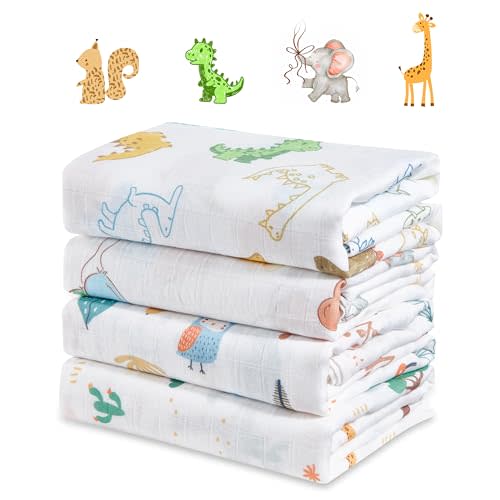 4-Pack 100% Cotton Muslin Swaddle Blankets, Large 47 x 47 Inches — Breathable Soft Receiving Blankets for Newborns, Swaddling Wraps, Baby Essentials, Registry Gift (Wild Jungle Friends)
