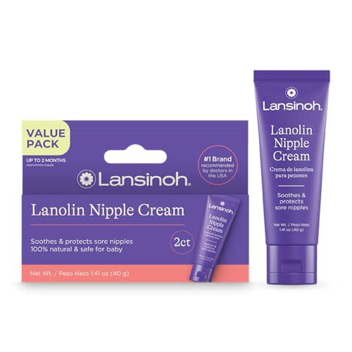 Lansinoh Lanolin Nipple Cream Safe for Breastfeeding Baby, 100% Natural Nipple Butter for Mom, Breastfeeding Essentials, 1.41 Ounces (2 Pack)
