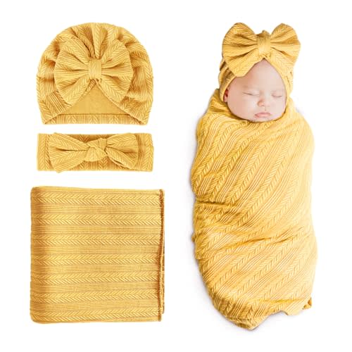 DRESHOW BQUBO Newborn Receiving Blanket Toddler Warm for Girls with Bow Hat and Bow Headband Shower Gift