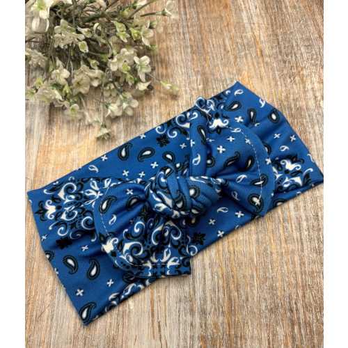 Blue Bandana Baby Headband, Adjustable Top Knot Bow, Cowgirl Boho