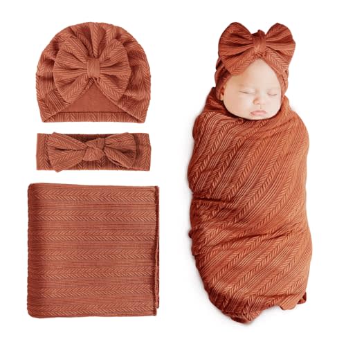 DRESHOW BQUBO Newborn Receiving Blanket Toddler Warm for Girls with Bow Hat and Bow Headband Shower Gift