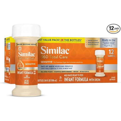 Similac 360 Total Care Sensitive Infant Formula for Fussiness & Gas Due to Lactose Sensitivity, Has 5 HMO Prebiotics, Baby Formula, Ready to Feed, 2-fl-oz Bottle, Pack of 12