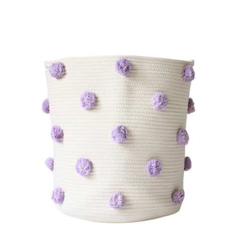 Lilac Pom Pom Cotton Rope Laundry Hamper - Nursery Storage Basket