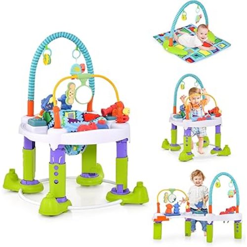 BABY JOY Baby Bouncer Activity Center, 4-in-1 Bouncing Activity Saucer & Activity Table & Play Mat w/ 3 Adjustable Heights, Play Bar & Music Box, Foldable Exersaucer for Infants & Toddlers