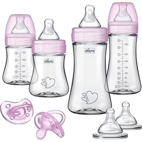 Chicco Duo Newborn Hybrid Baby Bottle Starter Gift Set with Invinci-Glass Inside and Plastic Outside | Dishwasher, Bottle Warmer, and Electric Sterilizer Safe | Intui-Latch Nipple | Clear/Pink
