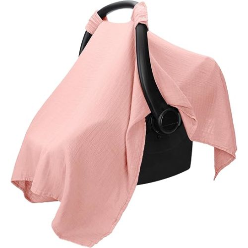 Comfy Cubs Baby Car Seat Cover - Soft, Breathable Bamboo Rayon and Muslin Cotton Blend - Lightweight Canopy for Sun, Bug, and Comfort Protection - Large Size Infant Seat Cover in Bold Blush Design