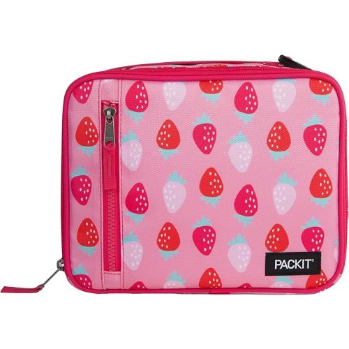 PackIt Freezable Classic Lunch Box, Sweet Strawberry, Built with EcoFreeze Technology, Collapsible, Reusable, Zip Closure With Zip Front Pocket and Buckle Handle, Designed for Fresh Lunch On the Go
