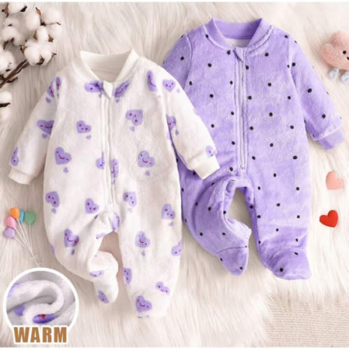 Loomiva 2pcs Baby Girl Autumn/Winter Polka Dot & Heart Print Fleece Hooded Long Sleeve Zipper Footie Jumpsuit Pajama | SHEIN USA