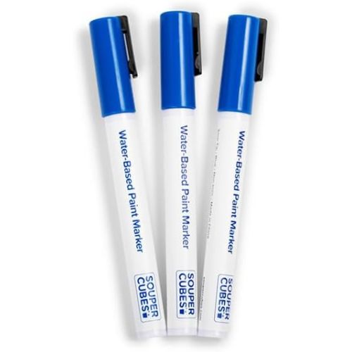 Souper Cubes Water Based Paint Marker - Pack of 3 - Blue Color - Washable, Acid Free Non Toxic Ink. Perfect for Kitchen and Home Use (Blue)
