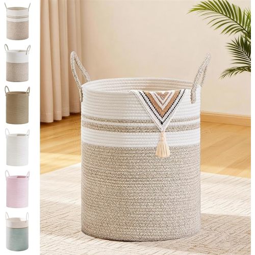 Tall Laundry Basket with Handles, 53L Portable Dirty Clothes Hamper, Boho Cotton Rope Storage Bin for Blankets Kids Toys Gifts, Decorative Organizer for Nursery Bedroom Bathroom, New Brown