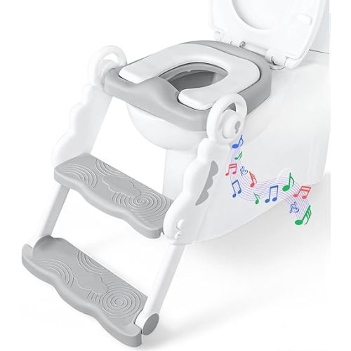Musical & Sound Toddler Potty Training Seat w/Step Stool Ladder - Collapsible & Adjustable Toilet, Pre Assembled Toddler Toilet Seat w/Music & Sounds - Splash Guard & Anti-Slip Steps - Gray