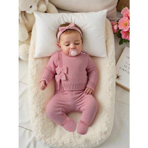 SHEIN Newborn Baby Girl Pink Autumn Cute Knitted Outfit,Round Neck Shoulder Button Long Sleeve Bow Knit Sweater And Knit Pants Set,Soft Warm Romper Clothes | SHEIN