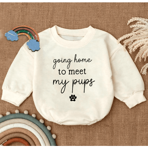 Going Home to Meet My Pups Romper Sweatshirt, Funny Baby Outfit, Dog Lover Baby Clothes, Newborn Puppy Bodysuit, Cute Baby Shower Gift