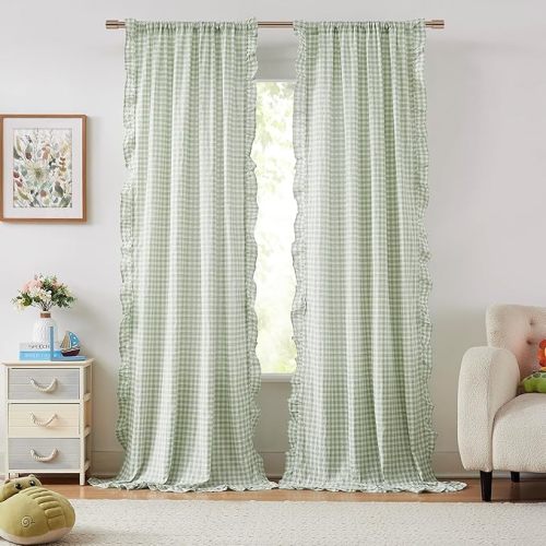 ZJDECOR Sage Green White Buffalo Plaid Ruffle Curtains 95 Inches Long,Woven Crinkled Not-See-Through Sheer Drapes,Shabby Chic Window Treatment for Bedroom Living Room,Rod Pocket,40" Wx95 L,Pack of 2