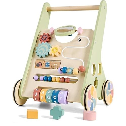 Wooden Baby Walker with Activity Center, Baby Push Walker for 1 Year Old Boys & Girls, Montessori Learning Walking Toy with Wheels, Toddler Push Toy with Storage Box 12 Months+