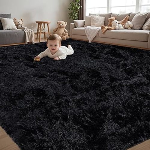 8x10 Area Rug for Living Room:Ultra Soft Fluffy Shag Black Rugs,Large Fuzzy Plush Indoor Non Slip Carpet Washable Rug for Bedroom Kids Nursery Office Dorm Modern Decor(Black)