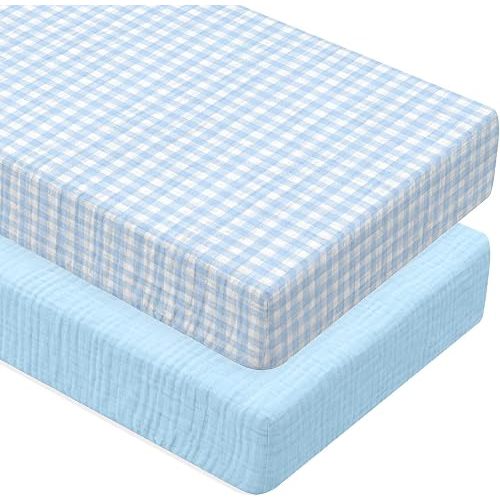 Breling Muslin Blue and Blue Gingham Crib Sheets for Boy Girl Soft and Breathable 100% Cotton Plaid Baby Bed Crib Sheets Checkered Fitted Mattress Cover for 52''x 28'' Standard Mattress Size