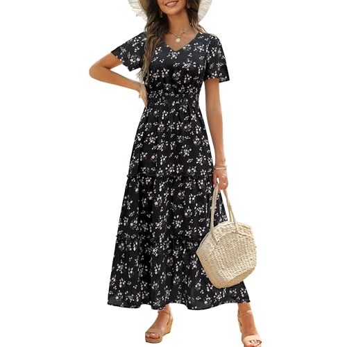 Zattcas Womens 2026 Long Summer Dress Short Flutter Sleeve V Neck Casual Smocked Tiered Modest Floral Boho Maxi Dress