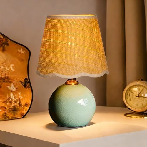 11.4" Scalloped Small Table Lamp, Green Ice Crackle Ceramic Bedside Lamp with Wavy Shade, 3-Color Dimmable LED Nightstand Light for Bedroom & Living Room, Aesthetic Home Decor, Bulb Included