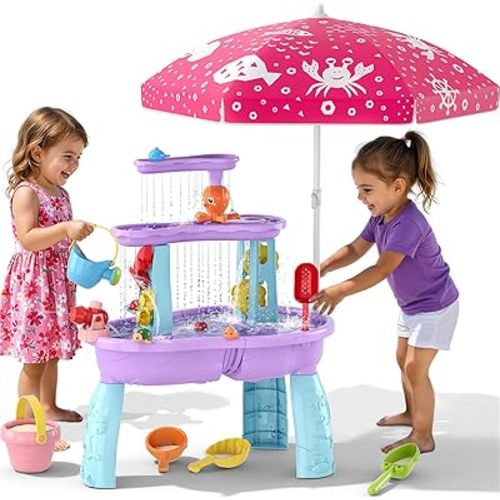 Wee Wonders 3-Tier Water Table for Toddlers, Kids Sand Water Table with Adjustable Umbrella, Sand Toys & Fishing Game, Sensory Table Activity Playset for Outdoor Beach, Summer Toys for Girls Boys 3-5