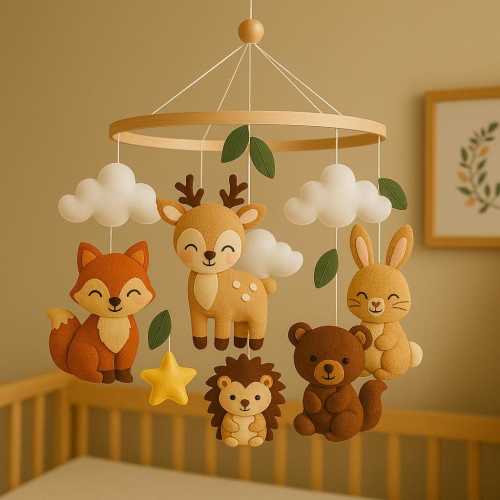 Woodland Baby Mobile for Crib – Handmade Felt Forest Animals Nursery Decor – Fox, Deer, Bunny, Bear, Hedgehog – Unisex Baby Shower Gift