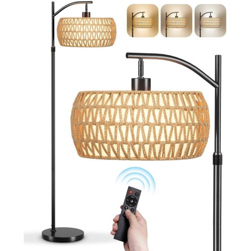 SUGIFT Dimmable Boho Floor Lamp with Rattan & Linen Drum Shade – Remote & Footswitch Control