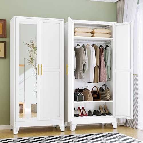 RIETERN Metal Armoire Wardrobe Closet, 71" Tall Bedroom Closet with Mirror, Adjustable Shelves, and Hanging Rod, Steel Clothes Closets and Storage, for Bedroom White