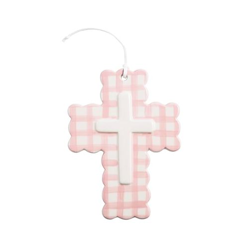 Mud Pie Pink Ceramic Gingham Decorative Cross