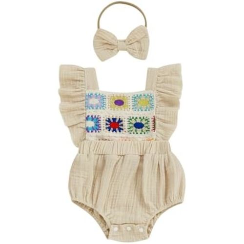 VISGOGO Baby Girl Summer Romper Onesie Crochet Flower Bodysuit Flutter Sleeve Jumpsuit Clothes with Bow Headband