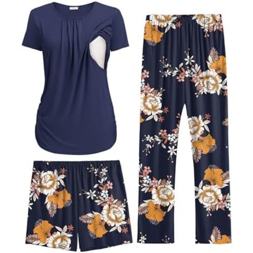 Ekouaer Maternity Nursing Pajamas Set 3 Piece Postpartum Lounge Breastfeeding Pjs Pregnancy Shorts & Pants S-XXL