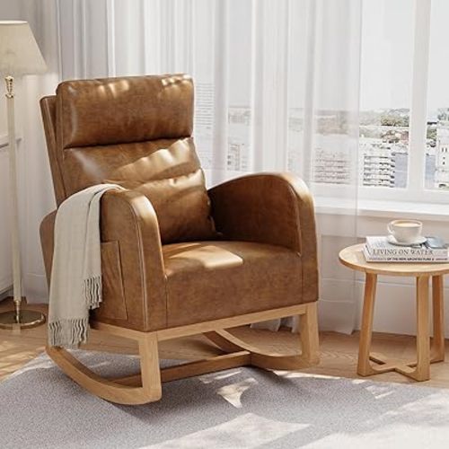 Modern PU Leather Rocking Chair - Reclining Glider Accent Armchair with Pillow & Side Pockets - Cozy Nursing Recliner for Living Room - PU Orange Without Footrest
