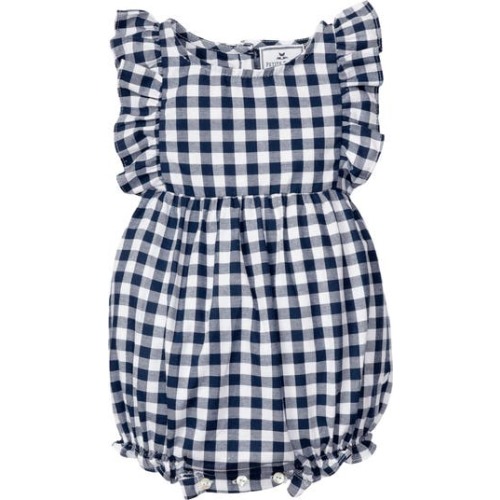 Kids' Ruffle Navy Gingham One-Piece Pajamas, 3-6M