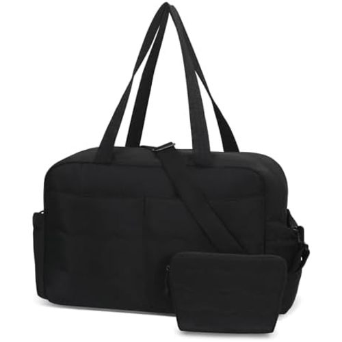 Hynes Eagle Travel Duffel Bag for Women with Toiletry Accessories Pouch Quilted Lightweight Overnight Weekender Carry on Bag with Wet Pocket Large Gym Puffer Tote Bag 31L Black