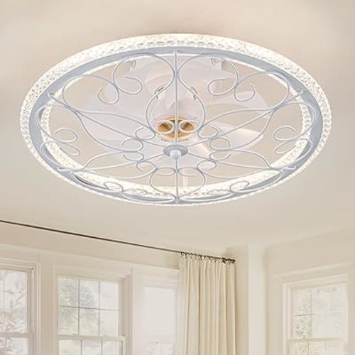 NORFOLK 20'' Ceiling Fans with Lights and Remote, Low Profile and Flush Mount Modern Lighting Fan, Bladeless Caged Fandelier, 6 Speeds and 3 Colors LED Light