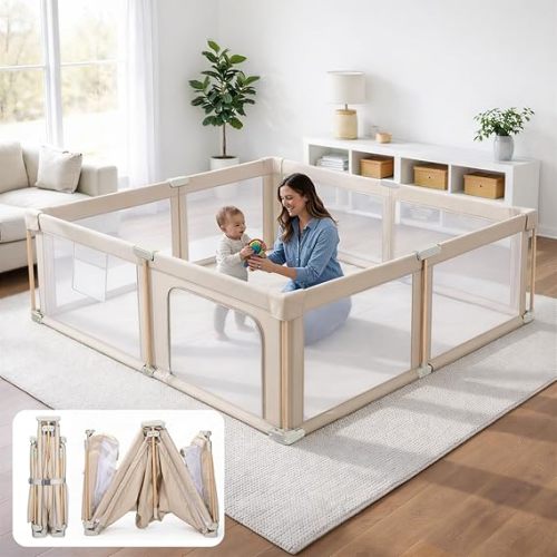 Foldable Baby Playpen with Mat, Foldable Baby Fence Play Yards for Babies and Toddlers, Play Pen with Breathable Mesh and Anti-Fall Pads (71"×79")