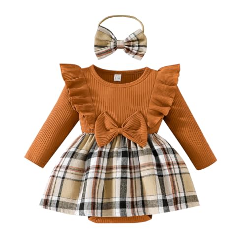 Magic Park 0-24M Baby Toddler Girls Ruffle Long Sleeve Bodysuit Ribbed Plaid Romper Dress Fall Winter Outfit with Headband