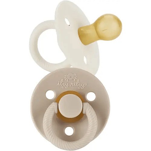 Itzy Ritzy Natural Rubber Newborn Pacifiers (Set of 2) – Baby Pacifiers with Cherry-Shaped Nipple & Large Air Holes for Added Safety; Set of 2 Binkies in Coconut & Toast (Ages 0 – 6 Months)