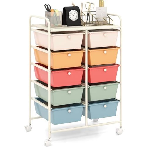 HAPPYGRILL 10-Drawer Rolling Storage Cart, Storage Organizer Cart with Lockable Wheels, Beauty Salon Movable Utility Cart for School, Office, Home, (Macaroon Colorful)