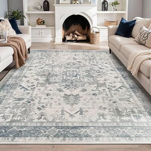 6x9 Washable Area Rug for Living Room, Neutral Vintage Large Boho Rugs for Office, Dining Room, Kids Room, Farmhouse, Durable Low Pile Non Slip Carpet for High Traffic Areas, Light Blue Grey