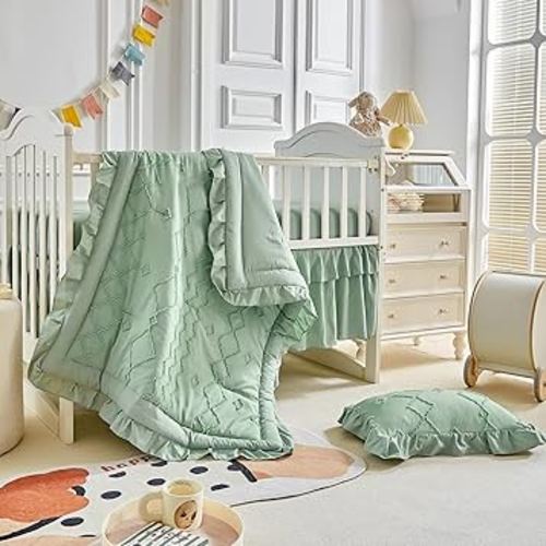 AIKASY The Ruffled Shabby Crib Bedding Set for Girls, Baby Quilted Comforter with Fitted Sheet, Bed Skirt, and Pillowcase.
