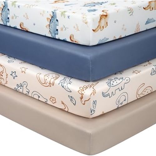 Baby Crib Sheets for Boys and Girls, Toddler Bed Sheets Fitted for 52”x28”Standard Crib and Toddler Mattresses, 4 Pack Soft Stretchy Microfiber Khaki Blue Dinosaur