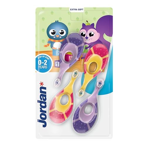 Jordan* ® | Step 1 Baby Toothbrush | 0-2 Years, Soft Bristles, BPA Free | Pink & Purple | 4 Pack
