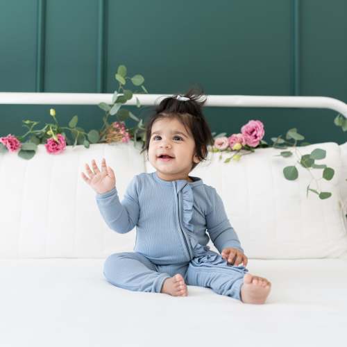 Ribbed Ruffle Bamboo Zipper Romper in Slate | Kyte Baby