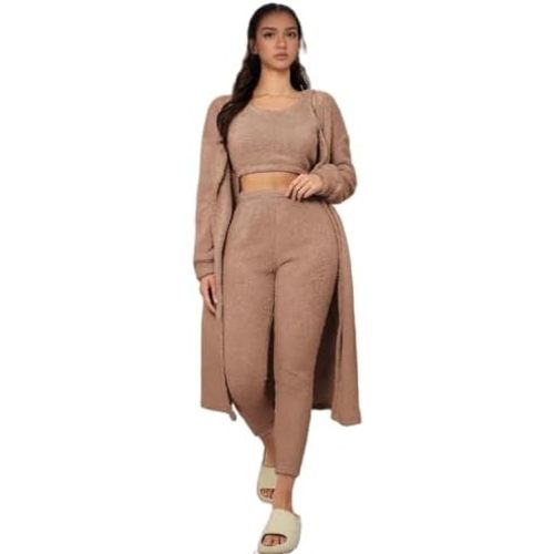 Fuzzy 3-Piece Lounge Outfit, Tops Cardigan Pants Pajamas Set with Belt