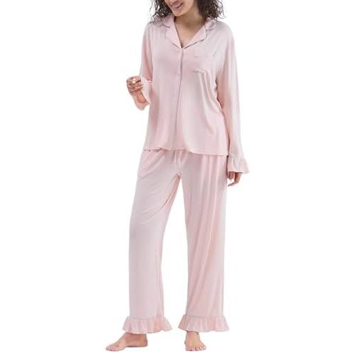 Women Bamboo Viscose Pajama Sets Ruffled Cuff Hem Long Sleeve Fancy Yarn 2 Piece Loungewear Loose Fit Drop Shoulder