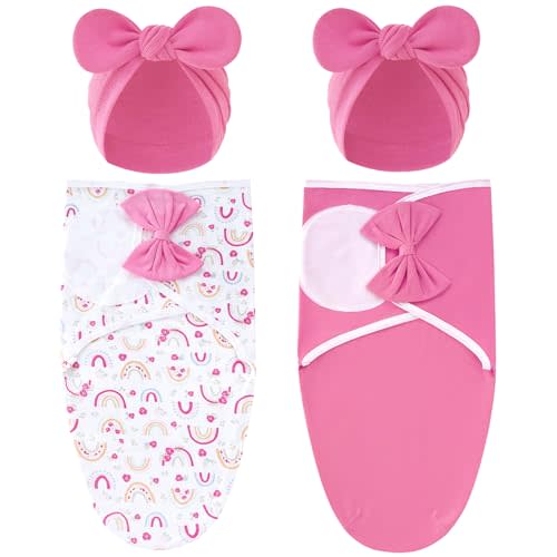 Cinaci 2 Pack Adjustable Soft Cotton Blend Newborn Baby Receiving Swaddle Blankets Sleep Sacks with Big Bow Hats Caps Beanies Bonnets for Baby Girls Newborns Infants (White Hot Pink+Hot Pink)