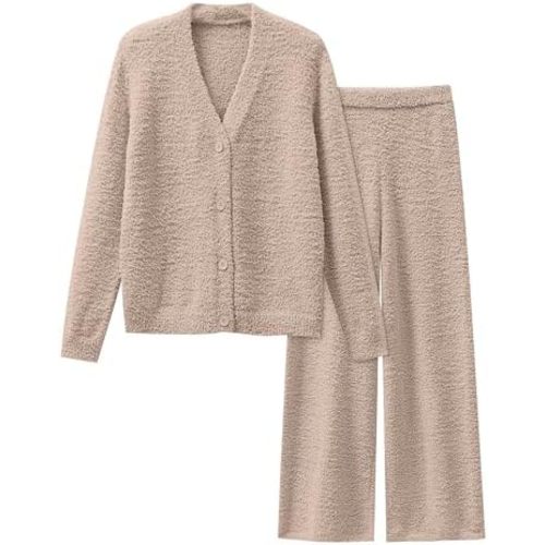 ANRABESS Women Pajama Lounge Sets Fuzzy Fleece 2 Piece Outfits Long Sleeve Cardigan Wide Leg Pants 2025 Fall Comfy Loungewear