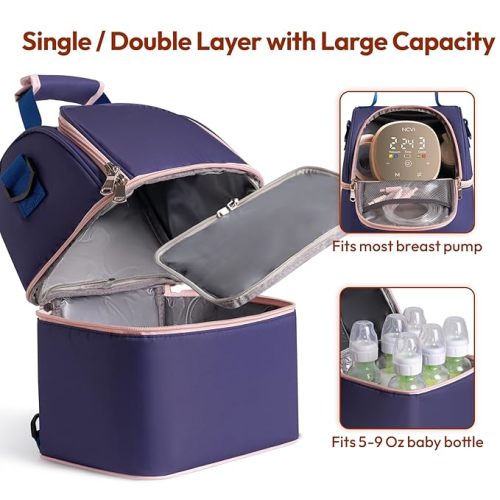 NCVI Breastmilk Cooler Bag with 2 Ice Pack, Breast Pump Bag with Cooler Fits 6 Bottles, Double Layer Breast Milk Baby Bottle Cooler Bag, for Travel, Nursing Mom Daycare, Work, Picnic (Purple)